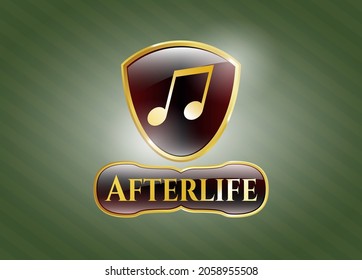 Gold shiny emblem with musical note icon and Afterlife text inside