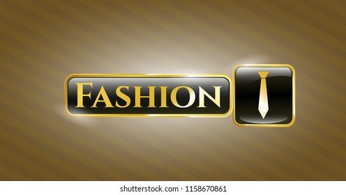  Gold shiny emblem with necktie icon and Fashion text inside