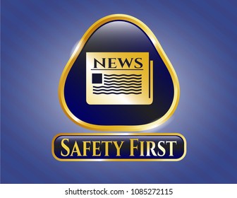   Gold shiny emblem with newspaper icon and Safety First text inside