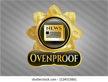  Gold shiny emblem with newspaper icon and Ovenproof text inside
