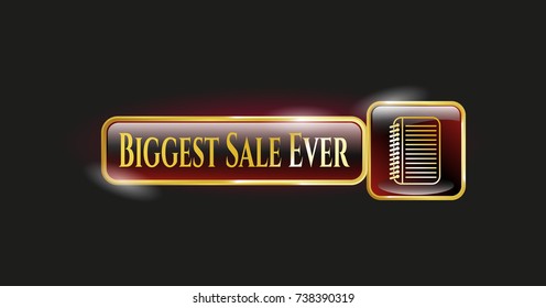  Gold shiny emblem with note book icon and Biggest Sale Ever text inside