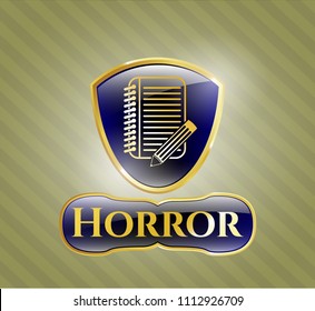   Gold shiny emblem with notebook with pencil icon and Horror text inside