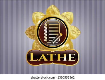  Gold shiny emblem with notebook with pencil icon and Lathe text inside