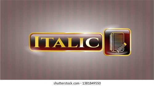  Gold shiny emblem with notebook with pencil icon and Italic text inside