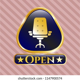  Gold shiny emblem with office chair icon and Open text inside