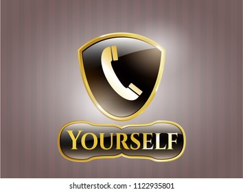  Gold shiny emblem with old phone icon and Yourself text inside