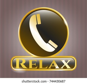  Gold shiny emblem with old phone icon and Relax text inside