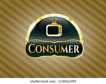  Gold shiny emblem with old tv, television icon and Consumer text inside