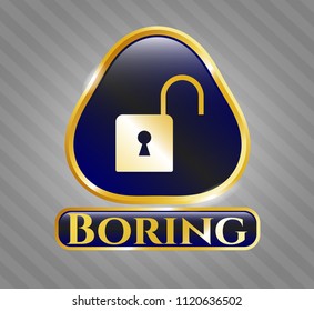  Gold shiny emblem with open lock icon and Boring text inside
