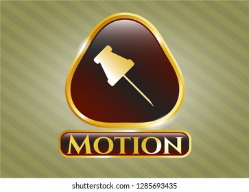 Gold shiny emblem with paper pin icon and Motion text inside