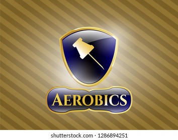  Gold shiny emblem with paper pin icon and Aerobics text inside
