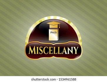  Gold shiny emblem with Phd thesis icon and Miscellany text inside