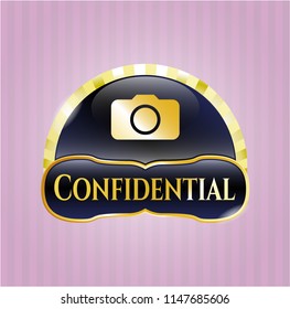  Gold shiny emblem with photo camera icon and Confidential text inside