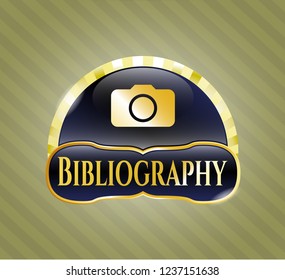  Gold shiny emblem with photo camera icon and Bibliography text inside
