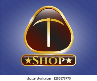  Gold shiny emblem with pickaxe icon and Shop text inside