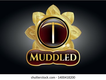  Gold shiny emblem with pickaxe icon and Muddled text inside