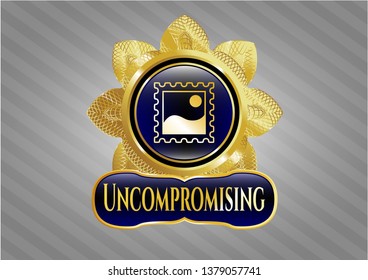  Gold shiny emblem with picture icon and Uncompromising text inside