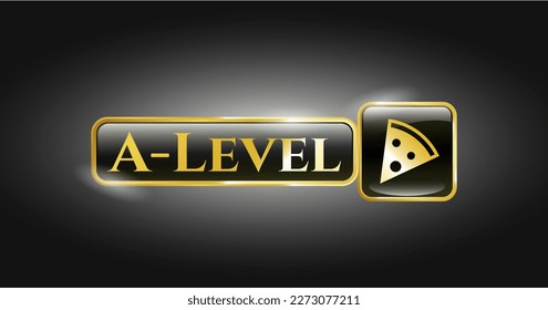 Gold shiny emblem with pizza slice icon and A-Level text inside