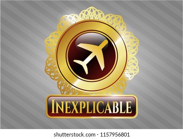  Gold shiny emblem with plane icon and Inexplicable text inside