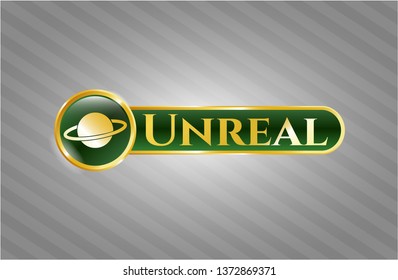  Gold shiny emblem with planet, saturn icon and Unreal text inside
