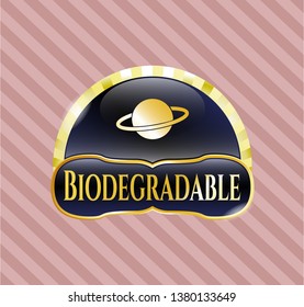  Gold shiny emblem with planet, saturn icon and Biodegradable text inside