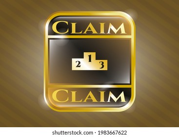 Gold shiny emblem with podium icon and Claim text inside