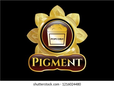  Gold shiny emblem with popcorn icon and Pigment text inside