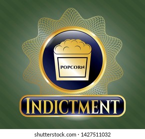  Gold shiny emblem with popcorn icon and Indictment text inside