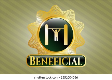  Gold shiny emblem with pull up icon and Beneficial text inside