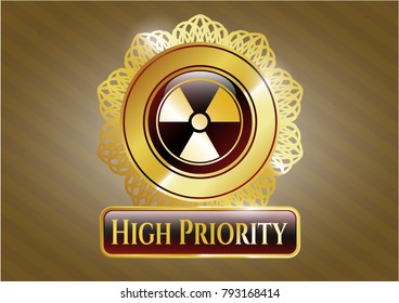 Gold Shiny emblem with radioactive icon inside and high priority text
