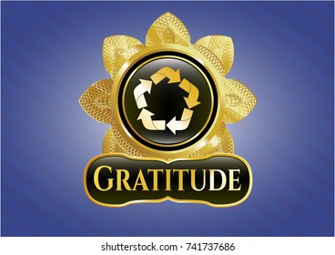  Gold shiny emblem with recycle icon and Gratitude text inside