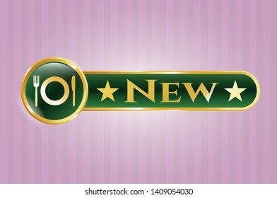  Gold shiny emblem with restaurant icon and New text inside