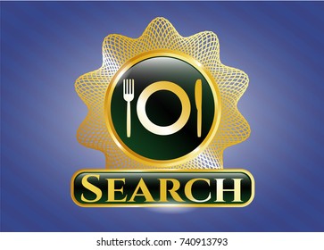  Gold shiny emblem with restaurant icon and Search text inside