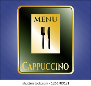  Gold shiny emblem with restaurant menu icon and Cappuccino text inside