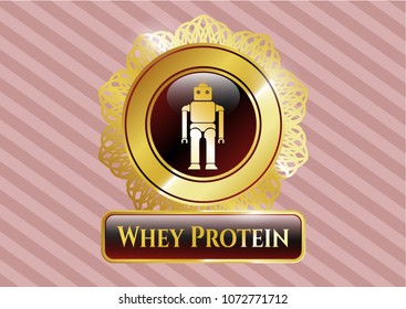  Gold shiny emblem with robot icon and Whey Protein text inside