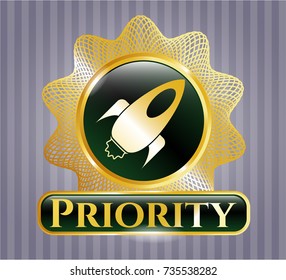  Gold shiny emblem with rocket icon and Priority text inside