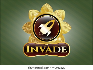  Gold shiny emblem with rocket icon and Invade text inside