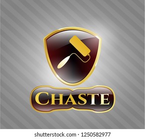  Gold shiny emblem with roller brush icon and Chaste text inside