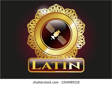  Gold shiny emblem with satelite icon and Latin text inside