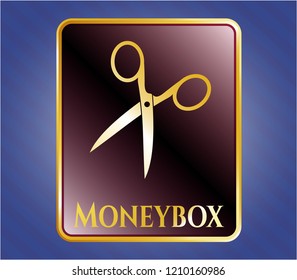  Gold shiny emblem with scissors icon and Moneybox text inside