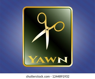  Gold shiny emblem with scissors icon and Yawn text inside