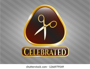  Gold shiny emblem with scissors icon and Celebrated text inside