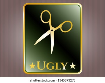 Gold shiny emblem with scissors icon and Ugly text inside