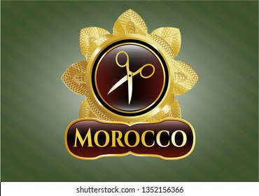  Gold shiny emblem with scissors icon and Morocco text inside