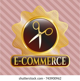  Gold shiny emblem with scissors icon and e-commerce text inside