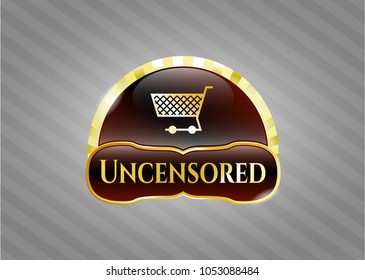  Gold shiny emblem with shopping cart icon and Uncensored text inside
