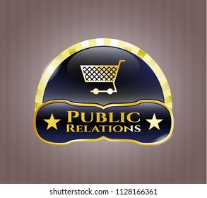  Gold shiny emblem with shopping cart icon and Public Relations text inside
