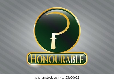  Gold shiny emblem with sickle icon and Honourable text inside