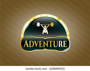    Gold shiny emblem with snatch, weightlifting icon and Adventure text inside