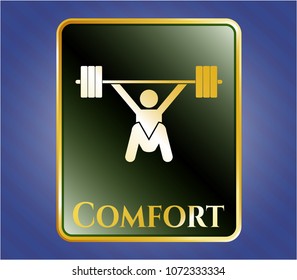   Gold shiny emblem with snatch, weightlifting icon and Comfort text inside